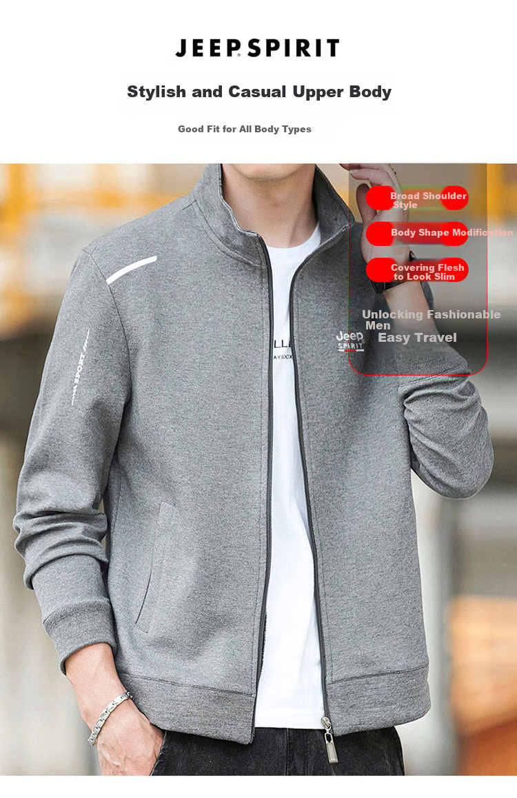 JEEP SPIRIT Men's Jacket, Spring Trendy Casual Outerwear, Men's Cardigan Stand-Collar Sweatshirt, Men's Clothing, Black, XL 3
