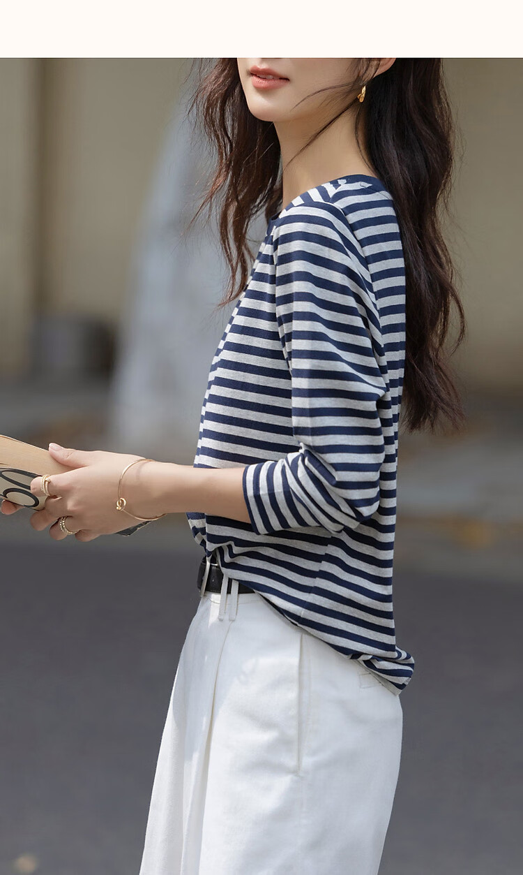 Demna【Striped Liberal】Spring and Autumn Loose Contrast Color Long Sleeve T-shirt Women Cute Patch Embroidery Concealed Flesh Women's T-shirt 13