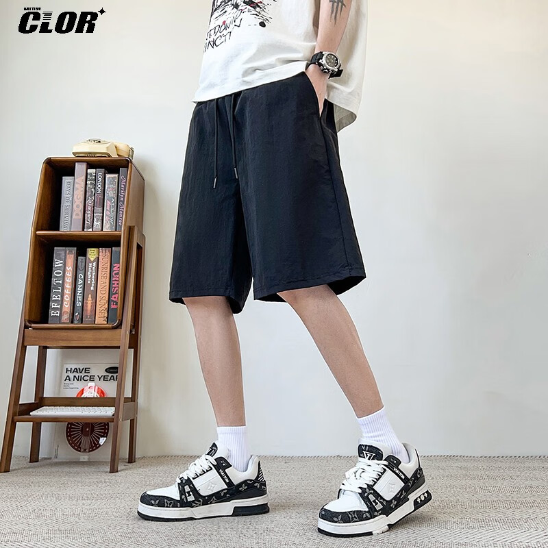 CLOR Men's Shorts, Summer Wear, Ice Silk Quick-Dry Five-Point Pants, Loose Straight-Leg Sports Thin Casual Pants, WXCG01 Black XL