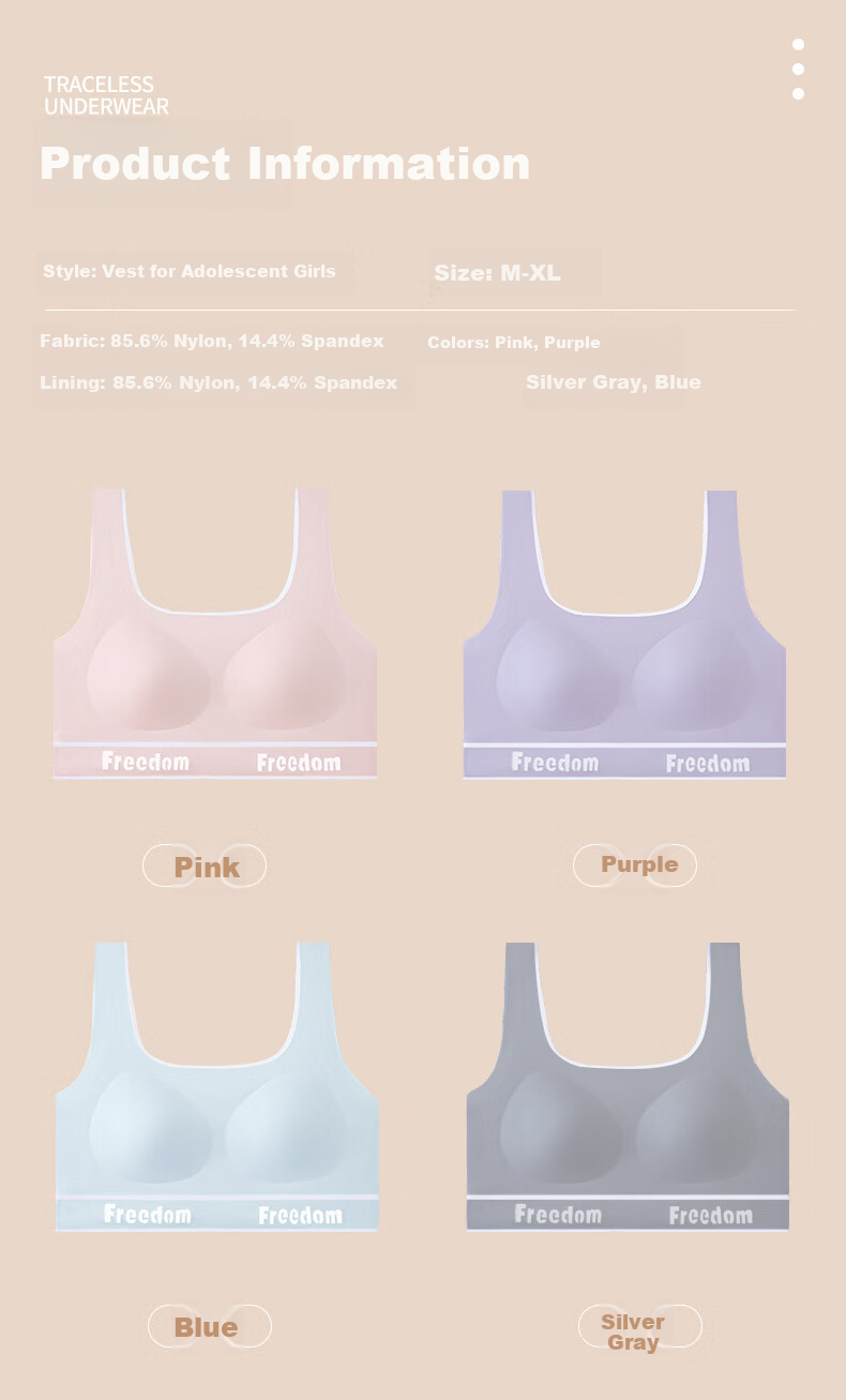 Ailier & ouluola 2026 New Girls' Underwear, Puberty Bra for Middle And High School Students, Ages 12-16, Second And Third Stage, Sports Bra, Purple, Size L 12
