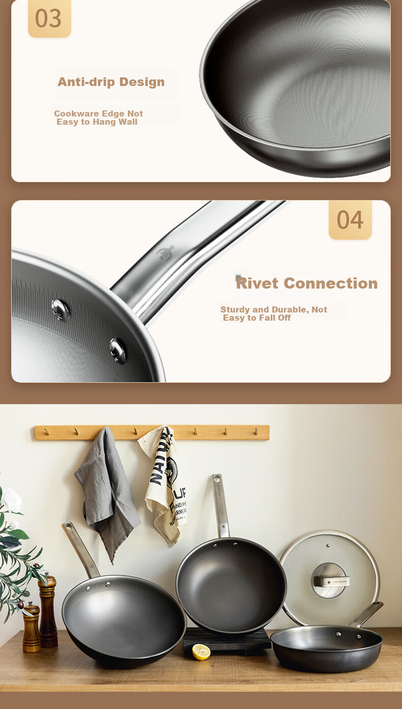 CARL MERTENS Flagship Pure Titanium Wok 28cm Non-Coated Non-Stick Stir-Fry Pan with Lid for Gas Stove And Induction Cooker MTiW28 8