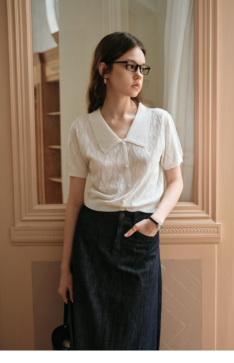 Olrain White French Style Hollow Knit Pullover Women's Summer Tweed Top White S 18