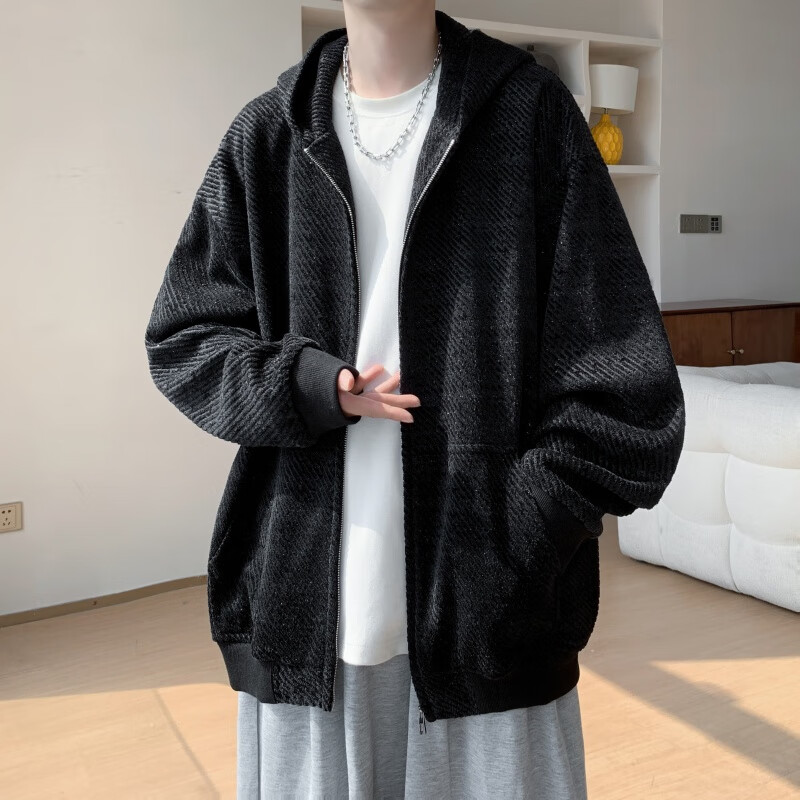 Dingfengbaoluo Hooded Jacket Autumn Loose Casual Striped Sweatshirt Coat JUC01 Black L