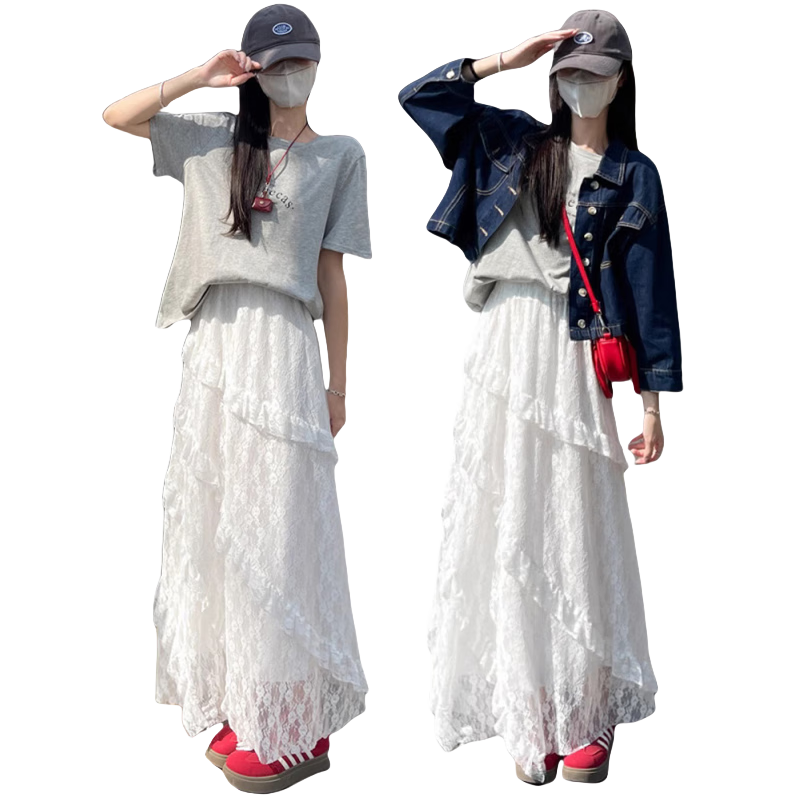 Langsha Lace High-Waist Mesh Puff Cake Skirt Women's Spring 2026 New Slimming A-Line Mid-Length Skirt
