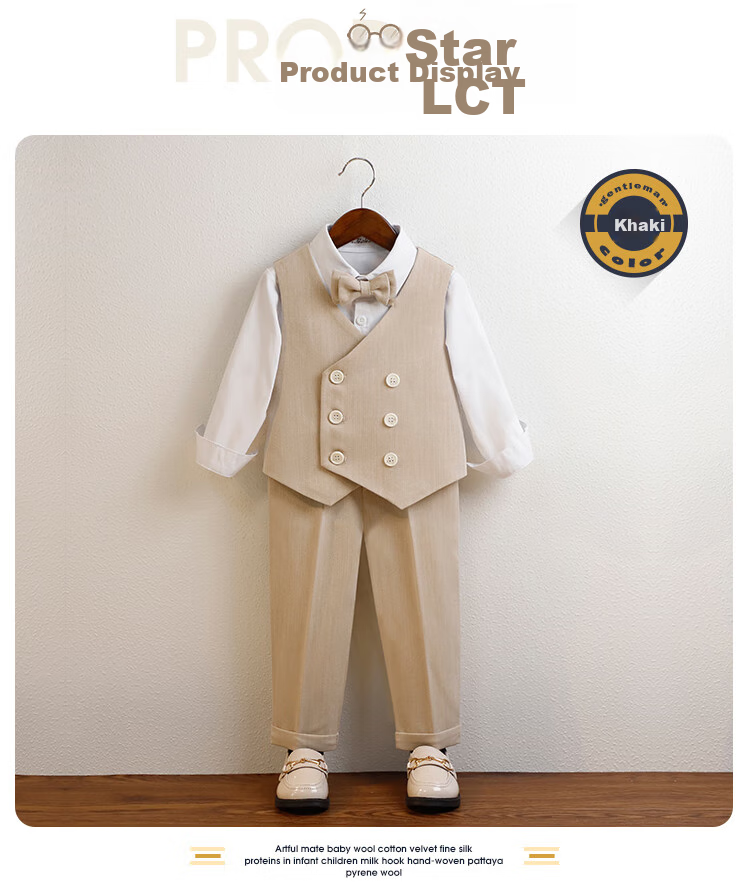 LUOBOBEIBEI Children's Formal Wear British-Style Vest Set, Boys' Flower Boy Wedding And New Year Outfit, Khaki Long-Sleeve Four-Piece Set, Size 150 3
