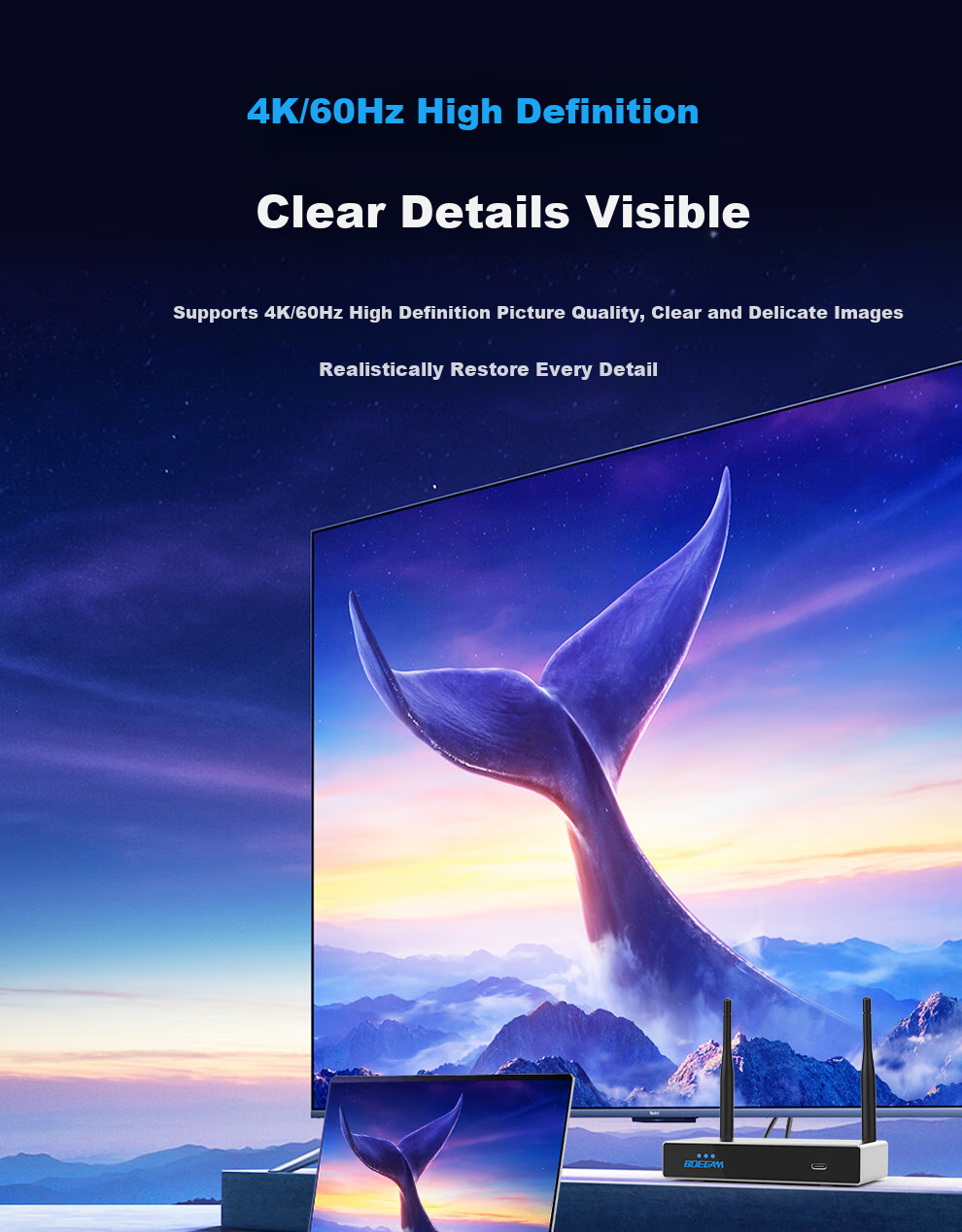 BOEGAM Wireless Screen Mirroring Device, 4K HD Conference Sharing, Compatible with Laptops for TV Display Projection, Point-To 50-Meter Transmission, BGCM401 HDMI Kit 4