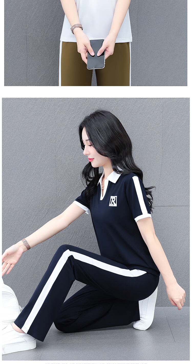 Woodpecker Ice Silk Sports Set for Women Summer Plus Size Fashion Casual Versatile Middle-aged Mom Two-piece Set Black XL 13