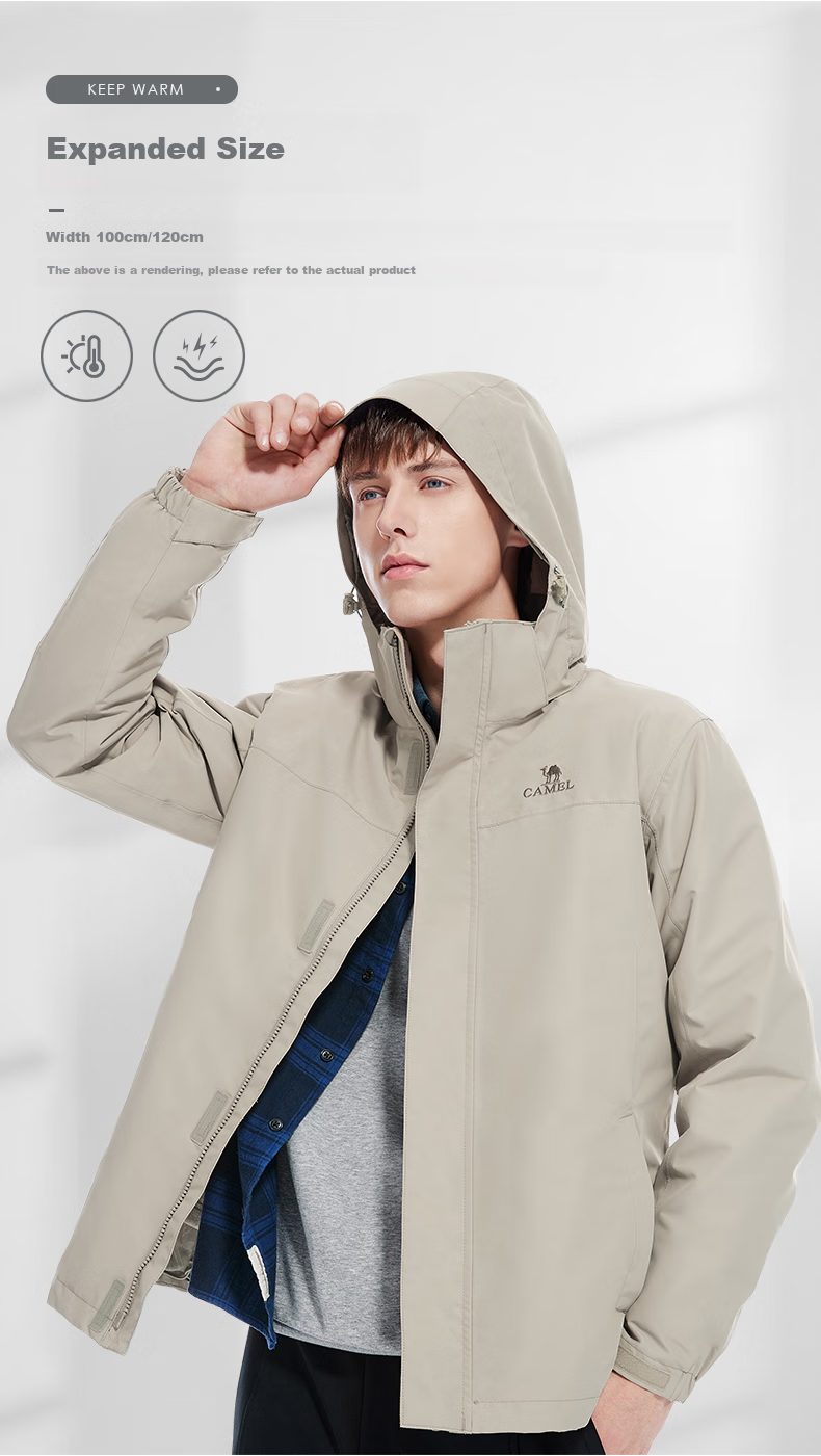 CAMEL Outdoor Jacket, Three-In Fleece-Lined Thickened Waterproof Couple's Style Coat, Mountaineering Clothing, A9W214119A 6