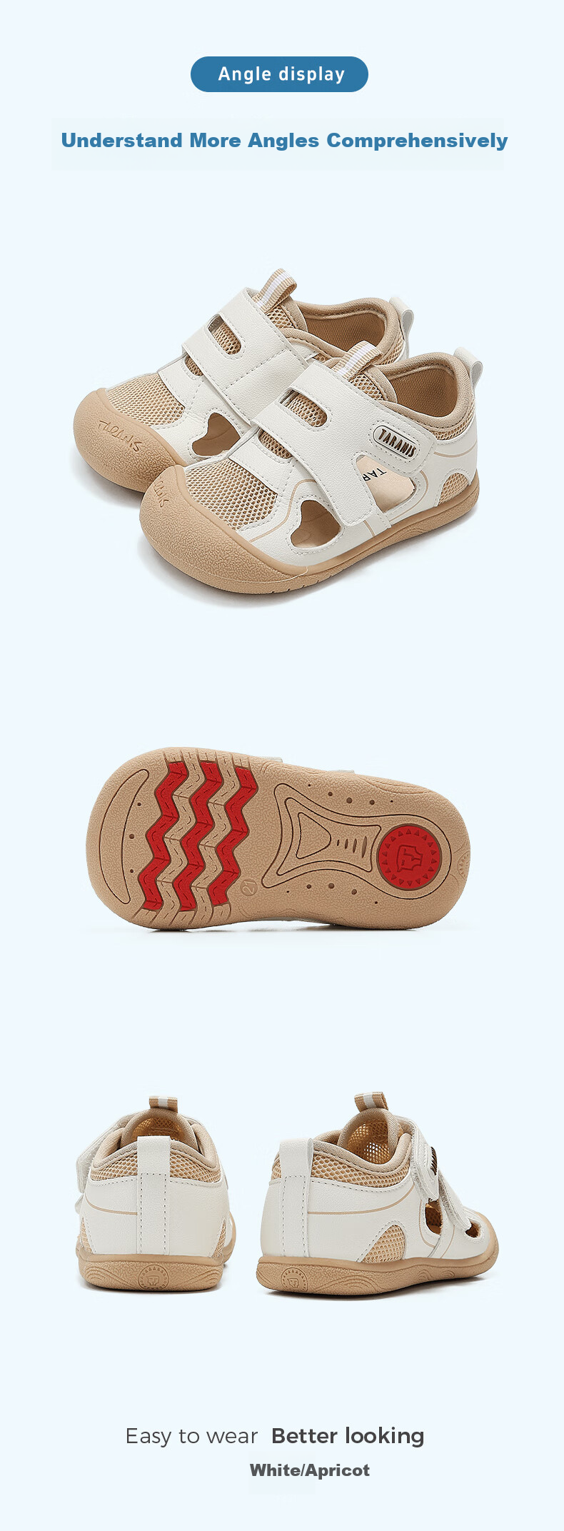TARANIS Summer New Toddler Shoes, Closed-Toe Anti-Kick Children's Sandals, Non-Slip Breathable Functional Shoes for Baby Boys, White/apricot Color, Size 24 5