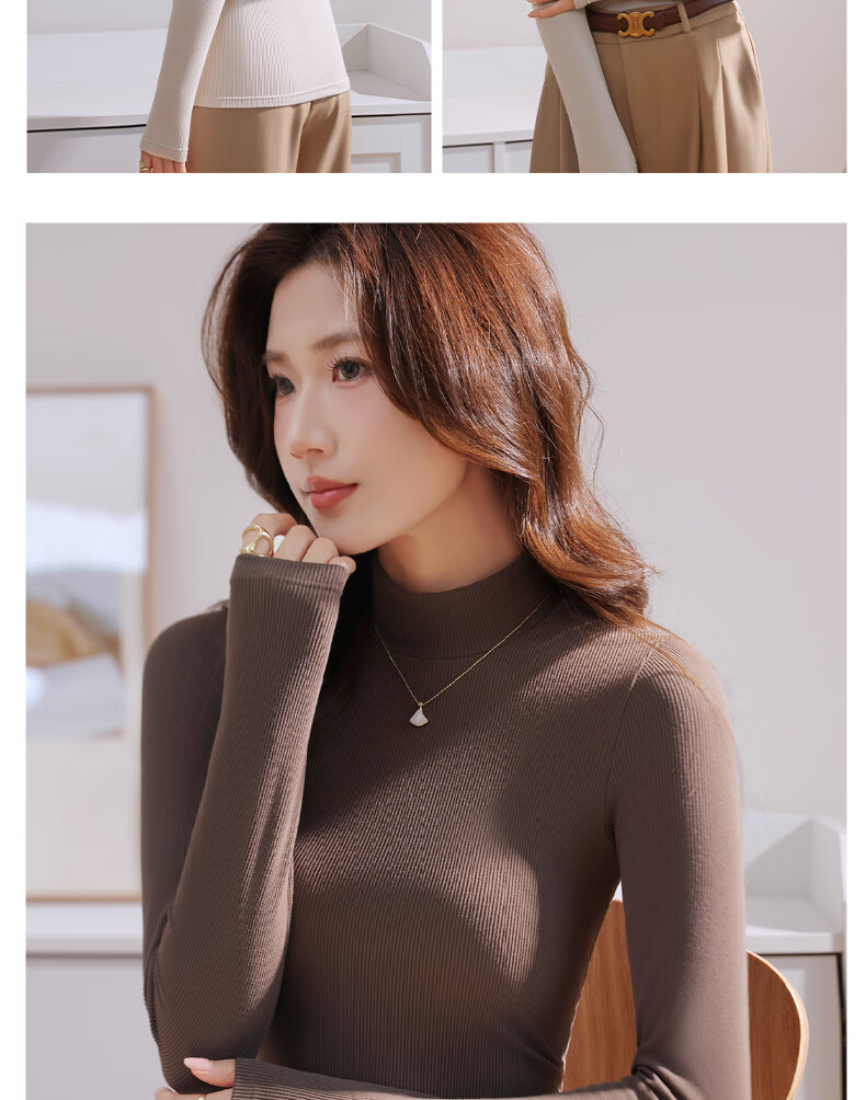 Langsha Women's Spring Ribbed Turtleneck Base Layer Top, Elegant Textured Long Sleeve, Coffee Color, 2XL 18