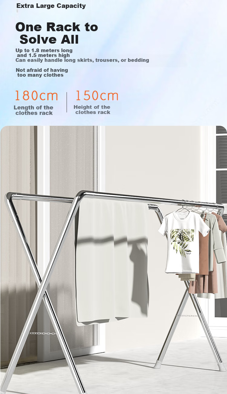 HKG (Hong Kong International Airport) Clothes Drying Rack, Four-Rod Floor-Standing Foldable Indoor And Outdoor Household Balcony Bedroom Thickened Stainless Steel Drying Rod for Clothes And Quilts 3