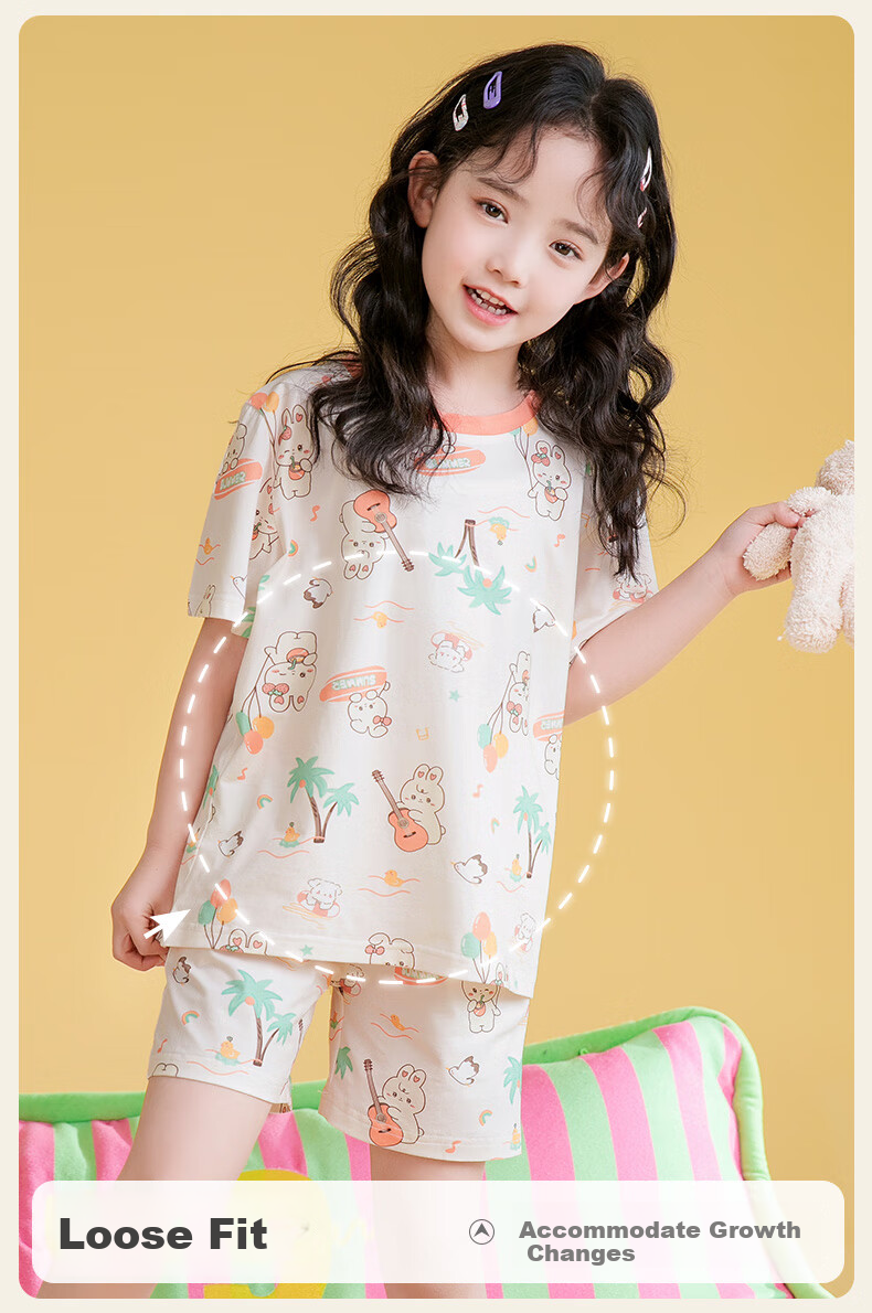 Fenteng Kids Pajamas Girls 100% Cotton Summer Round Neck Loose Cartoon Short Sleeve Shorts Homewear 18
