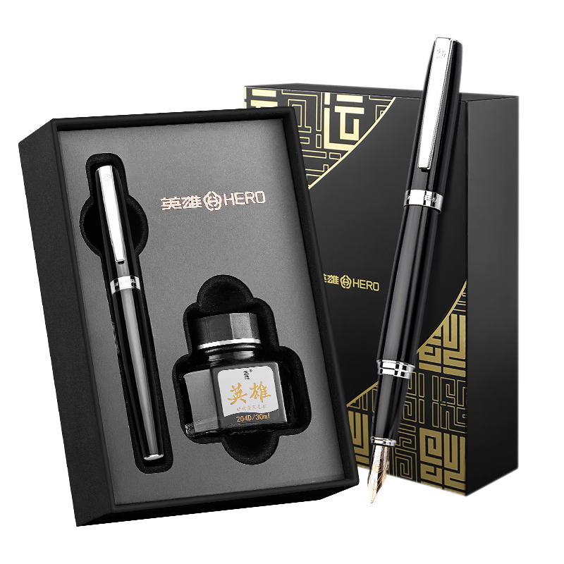 HERO Fountain Pen, 382 Business Office Student Daily Writing Iridium Gold Signature Ink Gift Box, Black Calligraphy Pen Tip