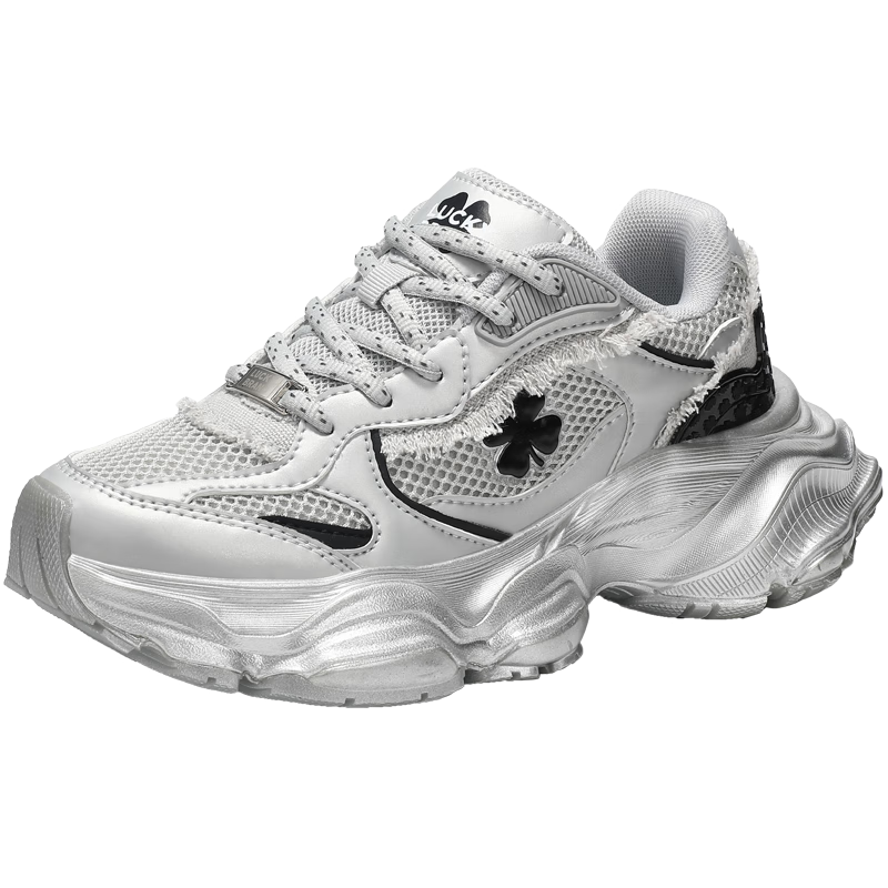 LUCKY BRAND Dad Sneakers Women's Four-Leaf Clover American Casual Mesh Height-Increasing Breathable Sports Shoes Men's LY0302 Silver Size 38