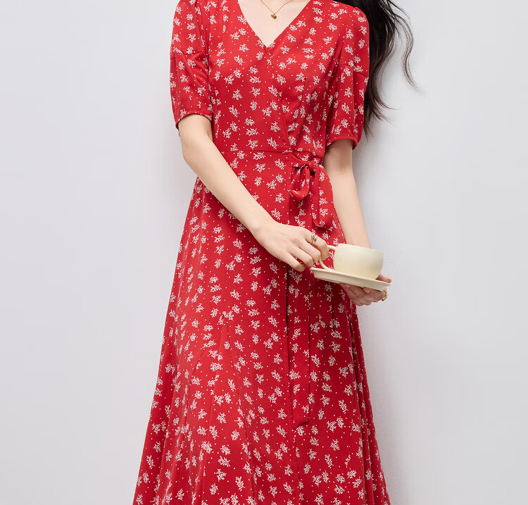 Sentubila Elegant Vacation Style V-Neck Dress for Women Summer Lantern Sleeve High Waist Floral Mermaid Slimming Mid-Length Dress 14