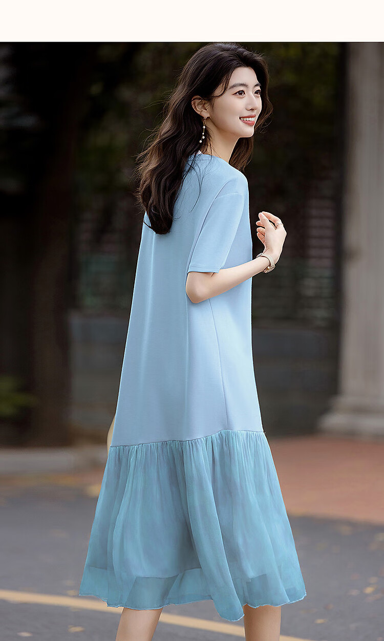 Demana Weekend Casual Summer French Style Round Neck Loose Waist Short Sleeve Printed Patchwork T-Shirt Dress for Women 18