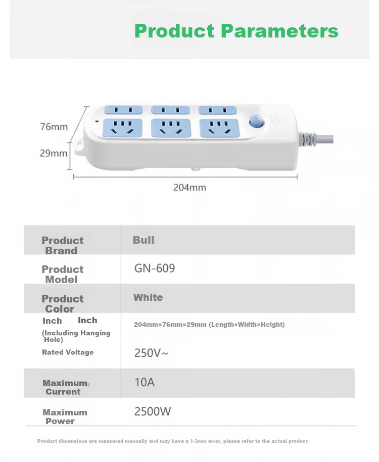 BULL Power Strip Socket Extension Cord, 6 Outlets with Master Switch, 5 Meters, 10A 250V GN-609 Suitable for Home And Office Use 10