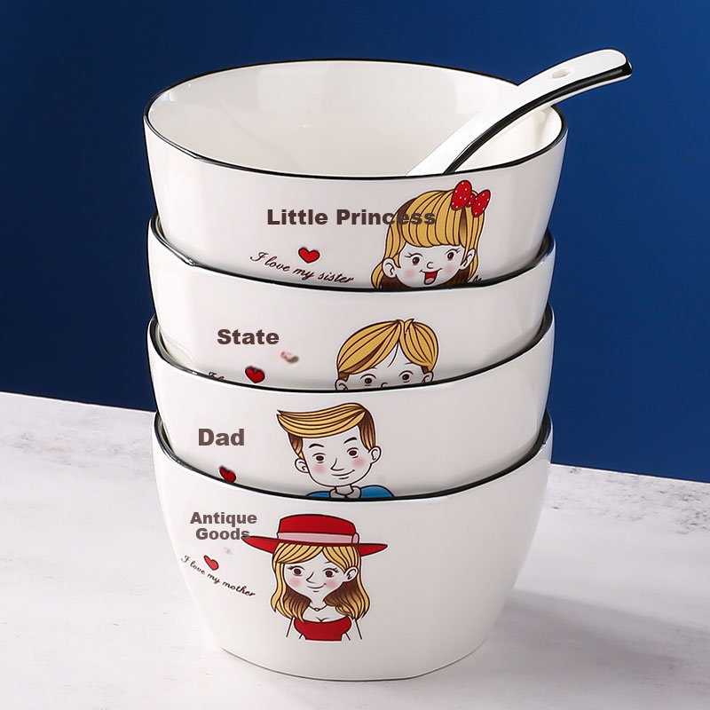 Canjiangjun Parent-Child Bowl Set, Household Tableware, Soup Spoons for A Family of Four, Ceramic Square Bowls, 4-Piece Set [With Matching Spoons]