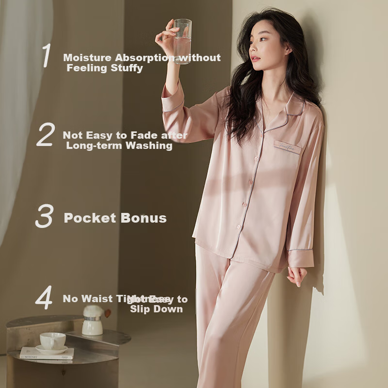 XULEN Ice Silk Pajamas for Women, Spring And Autumn Thin Long-Sleeve Plus Size Loungewear Set, 63795 Champagne Pink, 2XL(175)
