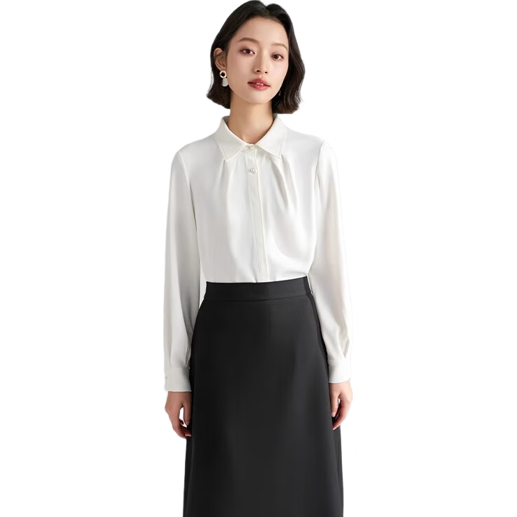 Bodexiaojie White Blouse for Women, Professional Commute Straight Shoulder Top, Petite Elegant Outfit Formal Shirt