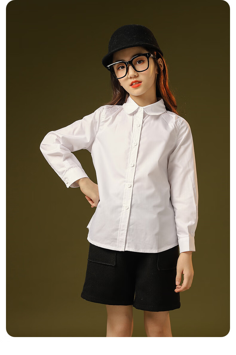 Fulomi Girls' Shirt Spring Autumn Fashion Versatile White Top School Performance Long Sleeve Shirt Large White 140 5