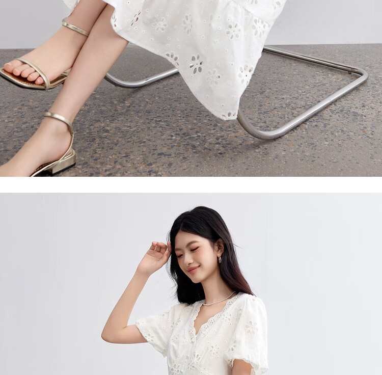 Sentubila Pure Cotton Lace V-Neck Lantern Sleeve White Dress for Women, Summer Elegant Pearl Button Embroidered A-Line Slimming Mid-Length Dress 18