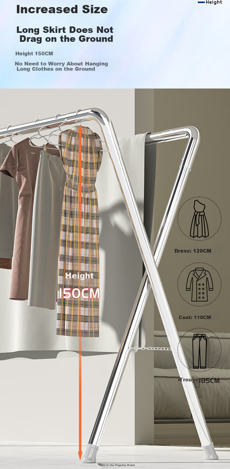 HKG (Hong Kong International Airport) Clothes Drying Rack, Four-Rod Floor-Standing Foldable Indoor And Outdoor Household Balcony Bedroom Thickened Stainless Steel Drying Rod for Clothes And Quilts 6