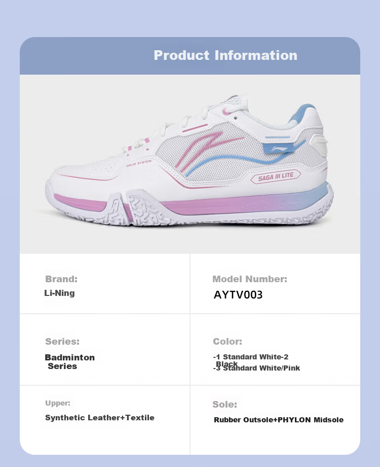Li-Ning Badminton Shoes, Didi Feixing 3 Lite Breathable Sneakers AYTV003, Standard White/rose Red, Size 42 6
