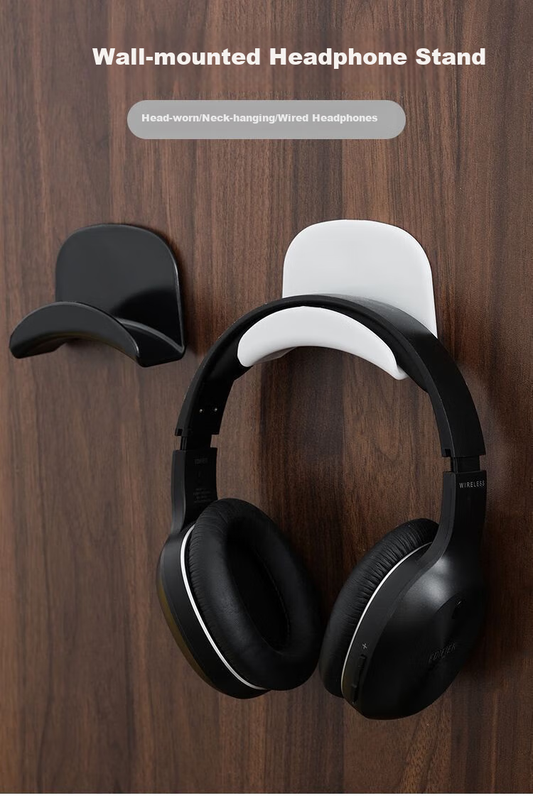 Dipuer No-Drill Headphone Stand, Over-Ear Headphone Storage Hook, New ABS Material Fixed Seamless Adhesive Dormitory Hook, Black, 2-Pack 1