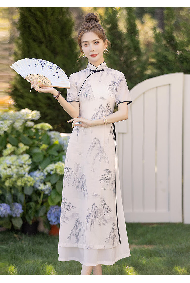 Cypress Vintage Qipao 2026 Summer New Slim Fit Stand Collar Mid-Length Short Sleeve Dress for Women 8