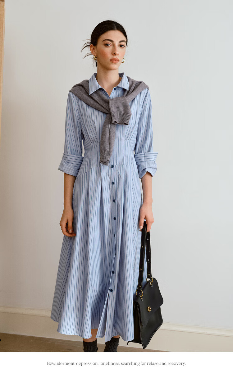 Oulain Autumn Women's Wear, Commuter Blue Striped Waist-Cinching Shirt Dress, Slimming Long Skirt, Blue Stripes, Size S 5