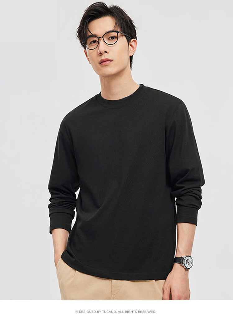 TUCANO Long-Sleeve T-Shirt for Men, Spring And Autumn Pure Cotton Round Neck Undershirt, Casual Comfortable Versatile Top, Men's Clothing, Black, Size M 1
