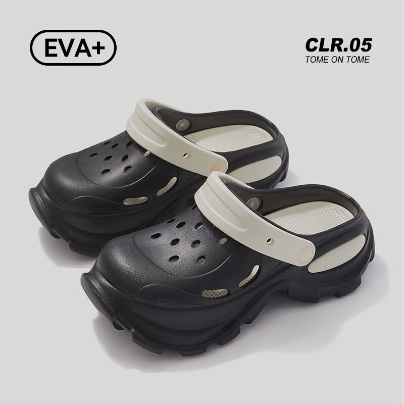 GUOLUOFEI Women's Perforated Shoes, Summer Outdoor Wear, Thick-Soled, Comfortable, Non-Slip, Closed-Toe, Two-Way Wear, Couple's Beach Shoes, Black, Size 36-37