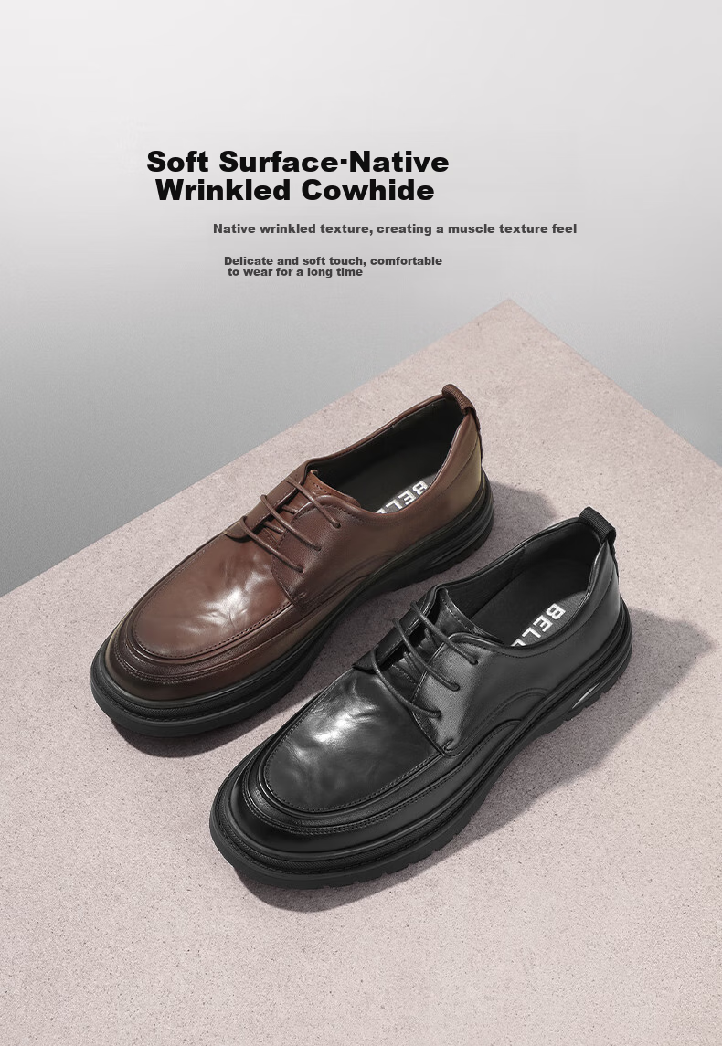 Belle Men's Shoes, Commuter Business Leather Shoes, Summer Cowhide Wrinkled Heightening Casual Shoes A1373AM5, Brown, Size 44 4