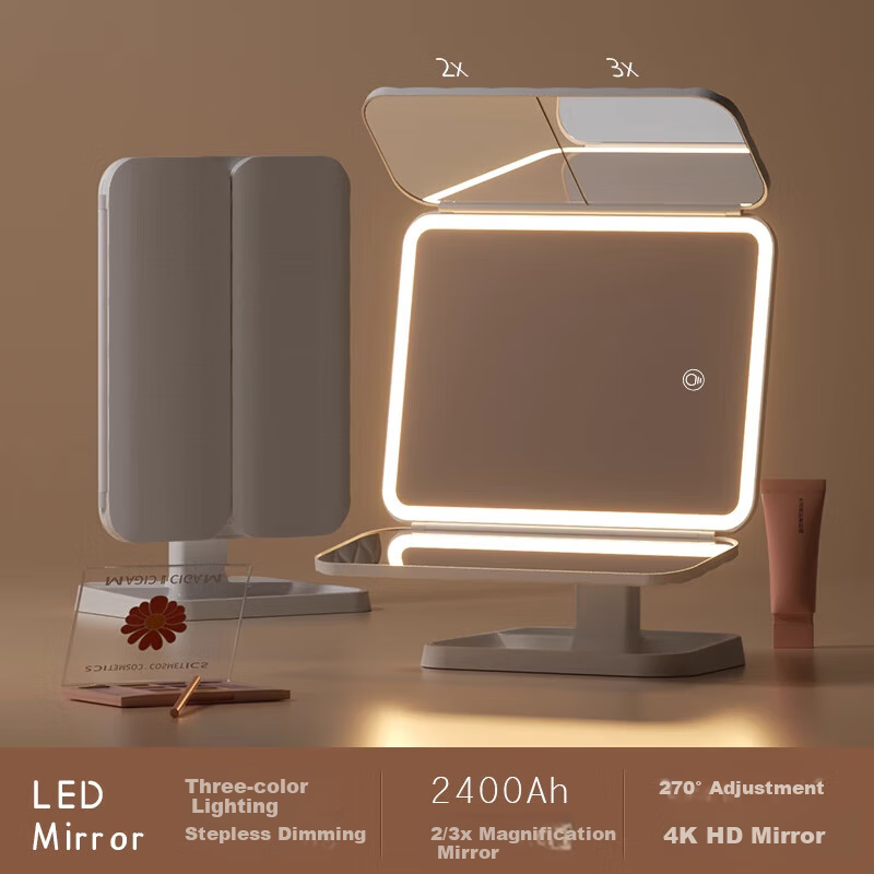 Meebordi Mirror Makeup Mirror with Light, LED High-Definition Multi-Zoom Shell-Shaped Mirror, Foldable Dressing Table Mirror for Students, Desktop Beauty Equipment, Birthday Gift, Graduation Gift for Teachers