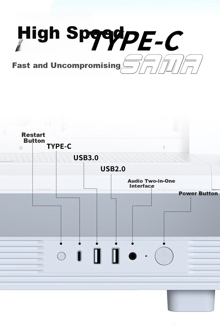 SAMA Jinghong Screen Version, White ATX Seaside View Gaming Computer Case, Hardware Status Display, 270° Panoramic View, Supports 360 Water Cooling, 9 Fan Positions, Type-C 9