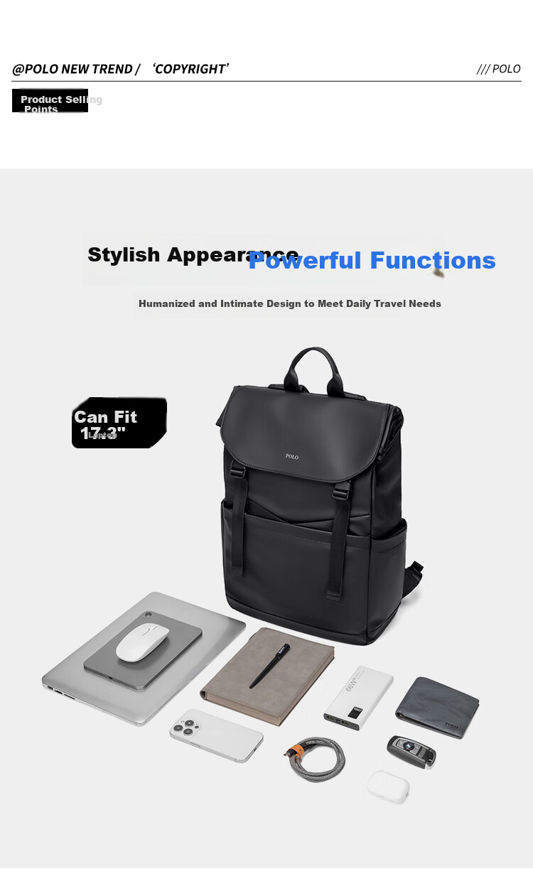 POLO Backpack for Men, Lightweight Travel Bag with Flip Cover, 16/17.3-Inch Laptop Bag, Business Trip Bag 4