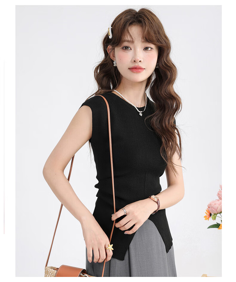 Jeanswest Women's Summer V-Neck Sleeveless Solid Color Pleated Waist-Slimming Split Top Black One Size 5