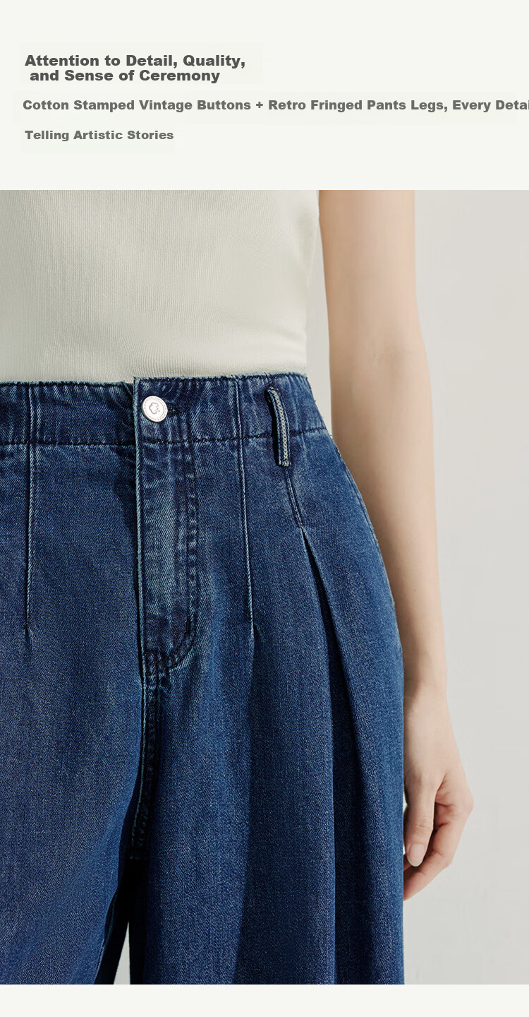 INMAN [Showroom Style] Linen Washed Frayed Wide-Leg Pants, Summer High-Waist Straight-Leg Trousers, Dark Denim Blue, Size 27 6