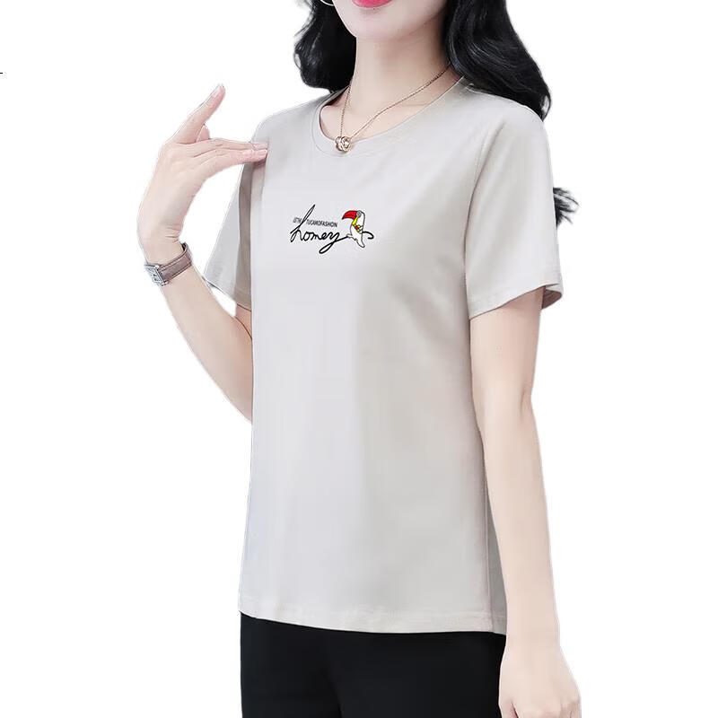 TUCANO Pure Cotton Short-Sleeve T-Shirt for Women, Summer 2025 Style, Regular Shoulder, Middle-Aged Age-Reducing Women's Casual Half-Sleeve Top, Apricot Color, 2XL