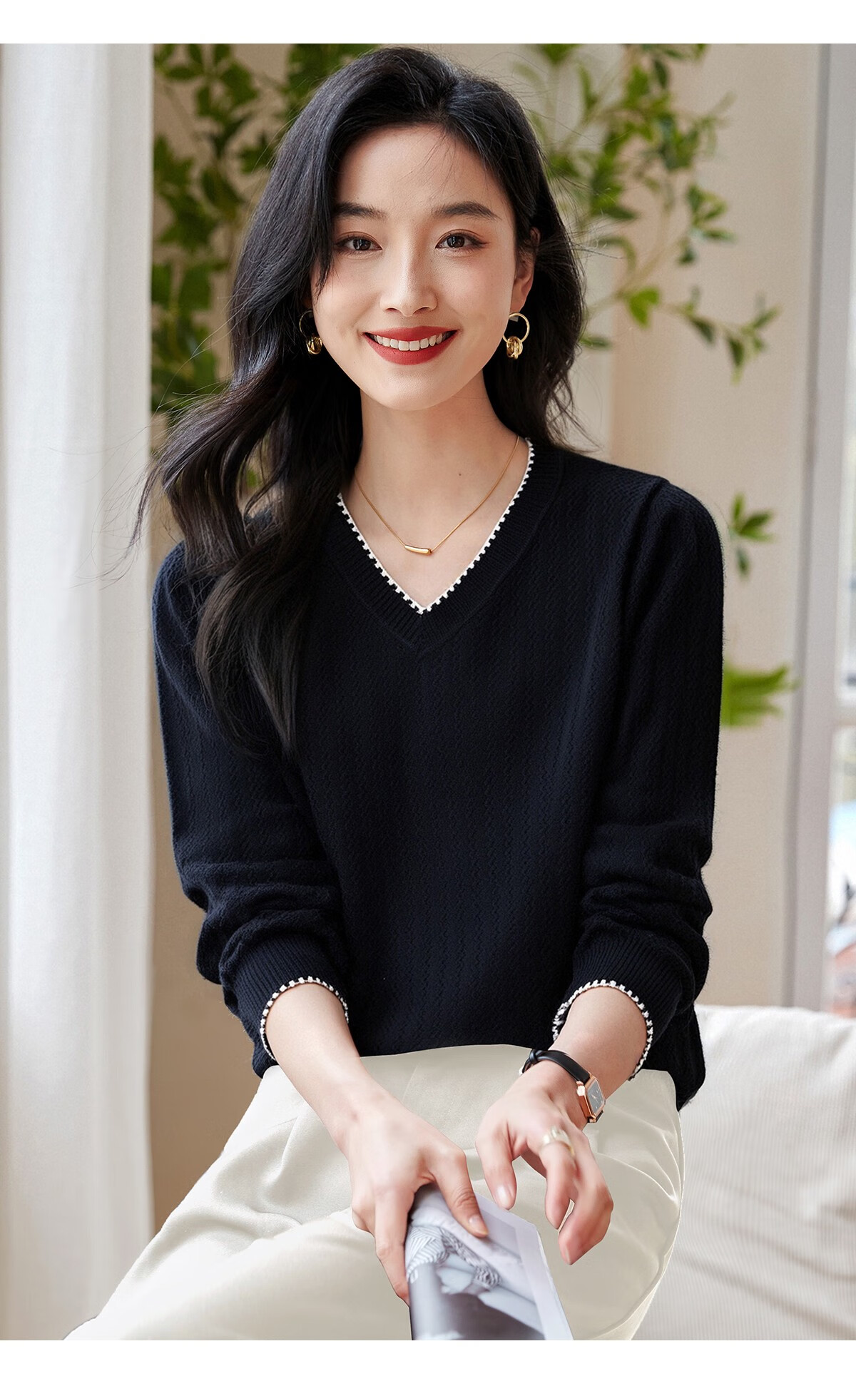 Chushen Women's Spring and Autumn Knitwear Fashionable Elegant V-Neck Color-Block Collar Long Sleeve Base Shirt S141Z3649 20