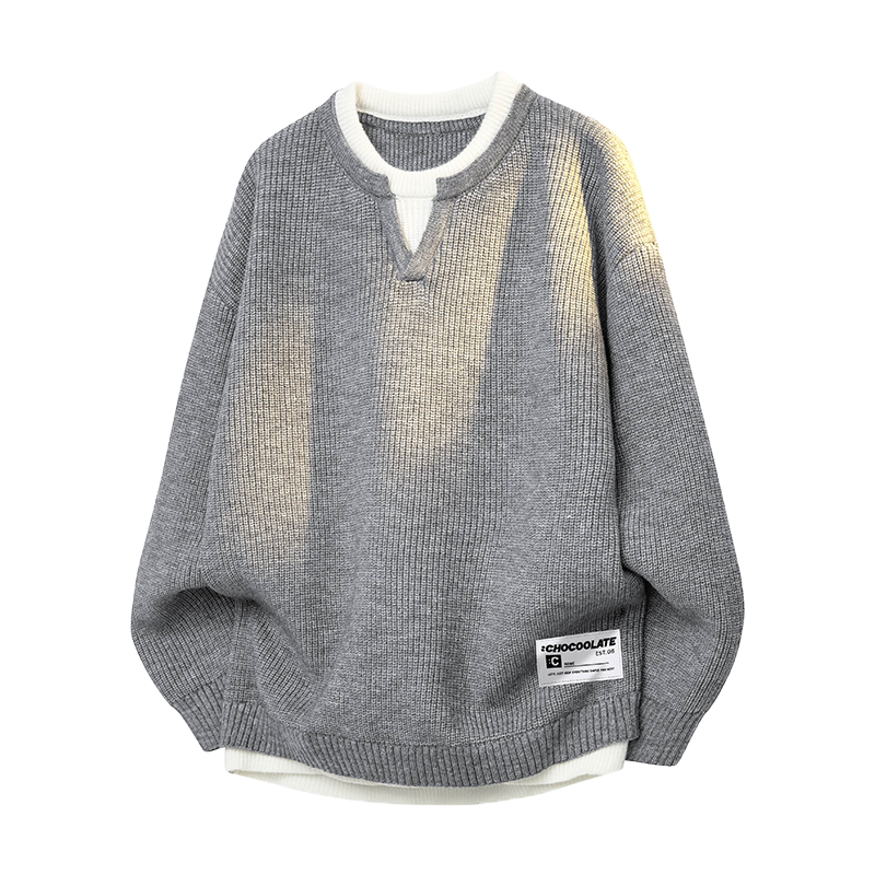:CHOCOOLATE IT Fake Two-Piece Sweater Men Autumn Trendy Patchwork Loose Comfortable Knit Jacket Fine Wool Gray L