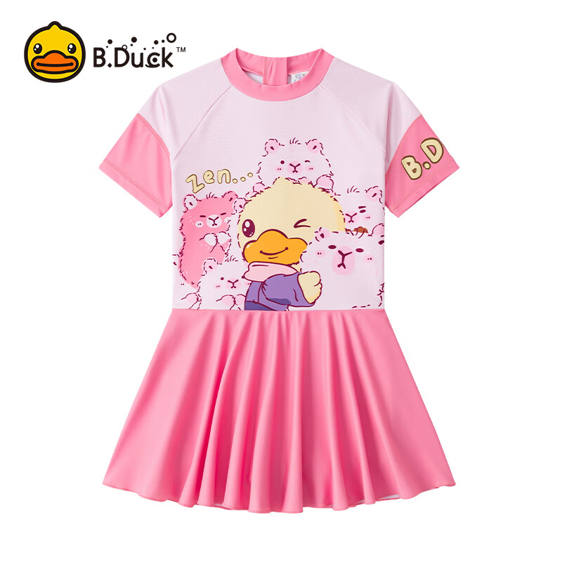 B.Duck Children's Swimsuit for Girls, Printed Short-Sleeve One-Piece Swimwear, for Young And Older Kids, Camellia Pink, Size 140