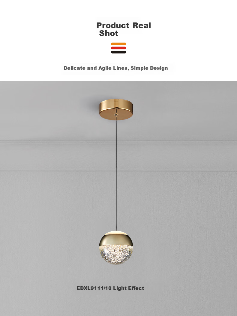 CDN Bedside Pendant Light, Dining Room Lamp, Small Chandelier for Bedroom, Living Room, Study, Vintage Style Glass Light Luxury Spherical Pendant Light, Light Gold 5