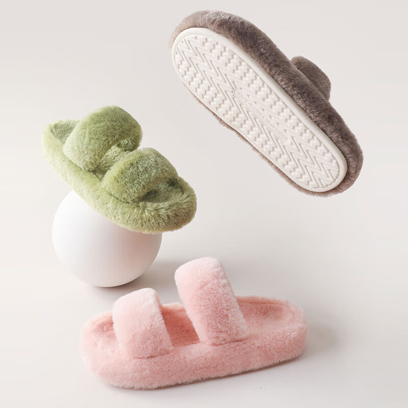 XGGC Women's Faux Rabbit Fur Slippers Spring Autumn Thick Sole Fashion Versatile Indoor One-strap Cotton Slippers Khaki Size 36-37