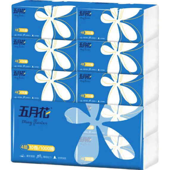 Бумажные платочки May Flower, 4-слойные, 100 шт. в упаковке, 10 упаковок в наборе, мягкие и нежные для кожи, утолщенные и прочные