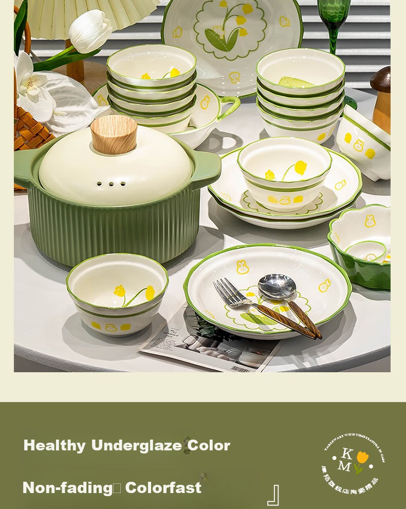KANGMO Tableware Set, New Home-Use High-Temperature Underglaze Color Fresh Ceramic Bowls And Plates, Complete Dinnerware Set, Lily of The Valley Rabbit Design, 18 Pieces 8