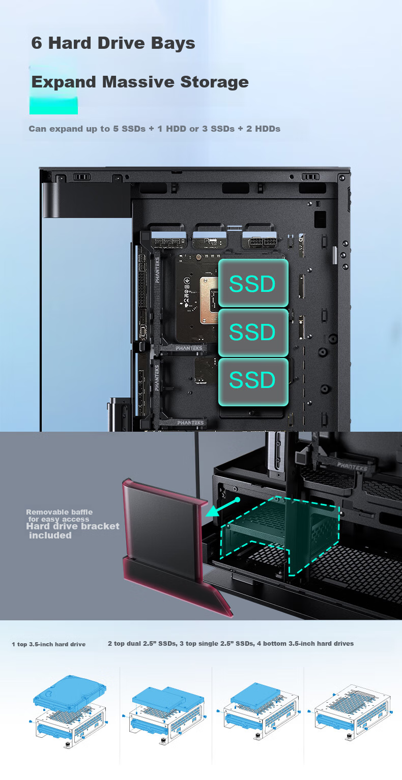 PHANTEKS EVOLV X2 Black Desktop Water-Cooled Computer Case with Panoramic View (20G Type-C, 360mm Radiator Support, Cable Management, Brushed Aluminum, 5090) 14