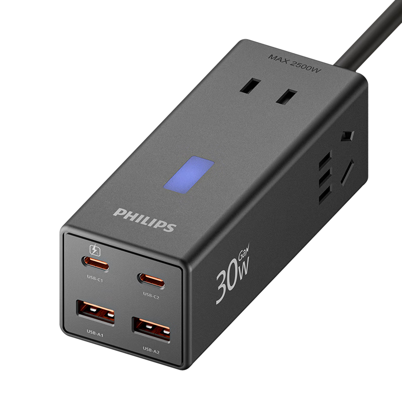 PHILIPS 30W Desktop Charging Station with USB Socket Type-C Power Strip Fast Charging Multi-Functional Power Strip Multi-Port Charger Expansion Dock 2.8m
