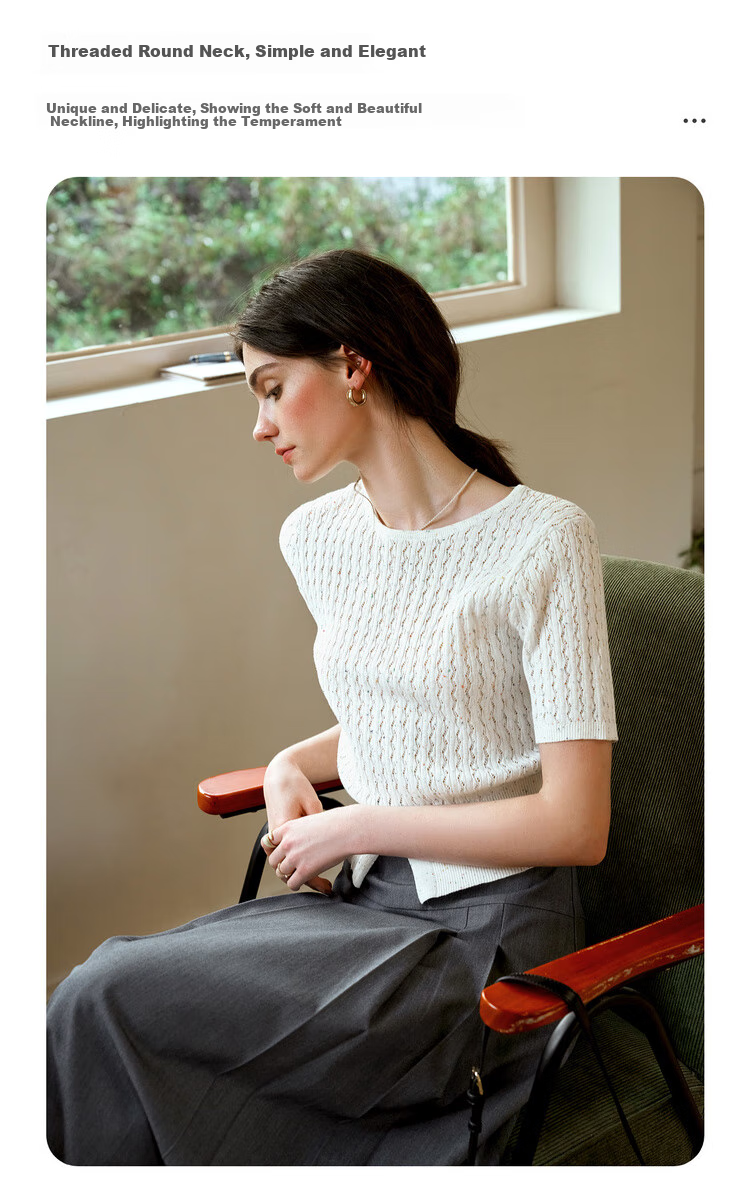 Olrain Eurielle French Style Short Sleeve Knit Top Summer Women's Colorful Split Round Neck Pullover White L 5